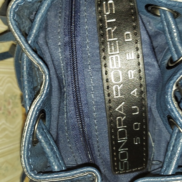 SONDRA ROBERTS SQUARED Blue Fringe Faux Leather Crossbody Bucket Shoulder Bag - Picture 16 of 16